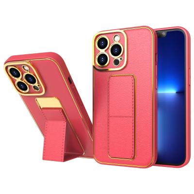 China Luxury Shockproof Leather Phone Case With Invisible Magnetic Camera Protective Plating Stand Shockproof Cover For iPhone 13 13pro Max for sale