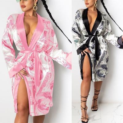 China QUICK DRY Satin Silk Women's Pajamas Dollar Print Bathrobe Ladies Sleepwear Pajamas Pijamas for sale