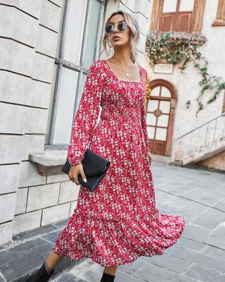 China New Arrival Anti-Wrinkle Floral Print Square Neck Long Sleeve Dresses Elegant Bohemian Maxi Causal Dress for sale