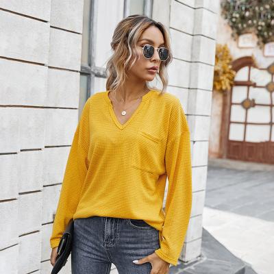 China 2020 Anti-wrinkle women fashion sweater drop shoulder texture v-neck sweater knitting cashmere with pockets pullover cardigan sweater for sale