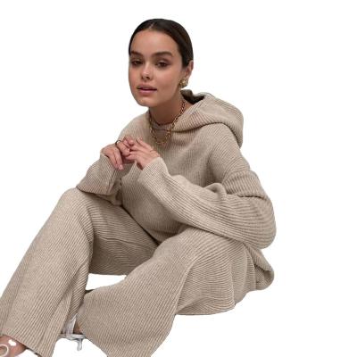 China Breathable Solid Casual Rib Knitted Sets Long Sleeve Plus Size 2 Piece Set Women Sweatpants And Hoodie Set for sale