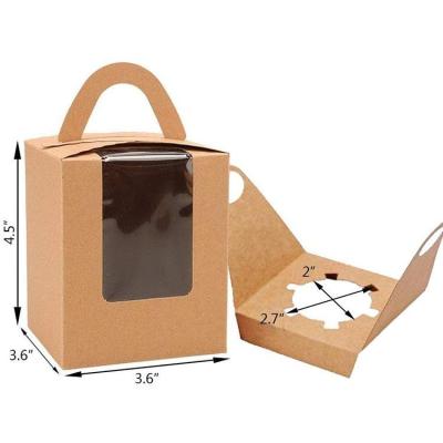 China Recycled Materials Mini Small Brown Kraft Paper Packaging Cake One Cupcake Box With Window And Handle for sale