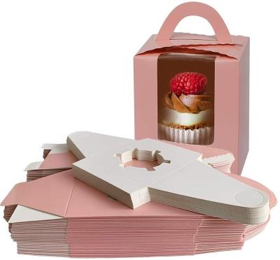 China OEM Different Materials Recycled Cardboard Paper Cup Cake Pink Single Pastry Muffins Boxes With Handle for sale