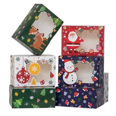 China Recycled Materials Elk Snowman Santa Printing White Cardboard Paper Clear Window Chiffon Cake Christmas Cookie Dessert Box for sale