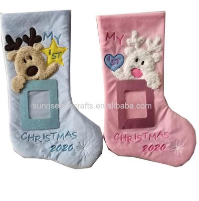 China 2021 Fashion Baby's First Christmas Stocking Decoration Pink Blue for sale