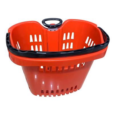 China Eco-friendly Can Be Push The Pulley Large Capacity Two Wheels Storage Baskets Plastic Rolling Shopping Basket for sale