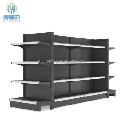 China Double Sided Merchandise Black Metal Shelf Gondola Shop Equipment Display Counter For Retail Store Can Be Customized for sale