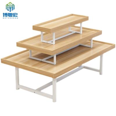 China Double-Sided Shelves Supermarket Store Fruits and Vegetables Show Heavy Super Market Fruit Vegetable Display Rack Crate Wooden Duty Wood for sale