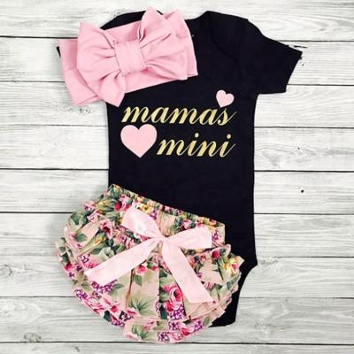 China Kids Clothing Washable Romper With Cake Rose Floral Headband Long Sleeve English Letters 3 Piece Set for sale