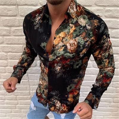 China Anti-Wrinkle Flowers Print Casual Fashionable Slim Men's Long Sleeve T-shirt Men's Spring Blouses And Shirts for sale