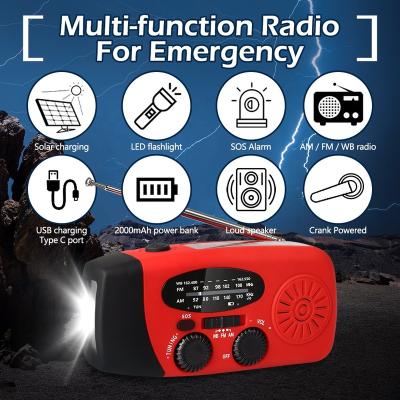 China 2000mAh; Charging Type C USB port; SOS alarm; Flashlight ; Mini usb speaker wb am dooomore power bank fm solar portable crank dynamo light portable radio portable radio for sale