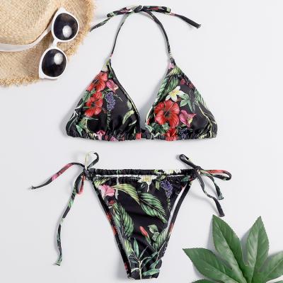 China Breathable Tropical Sports Leaf Print Bandage Black Manufacturer Waist Bikini Swimwear Tops for sale