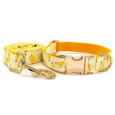 China Durable Yellow Banana Pattern Dog Collar With Pink Gold Metal Buckle Polyester Dog Leash For Safety for sale