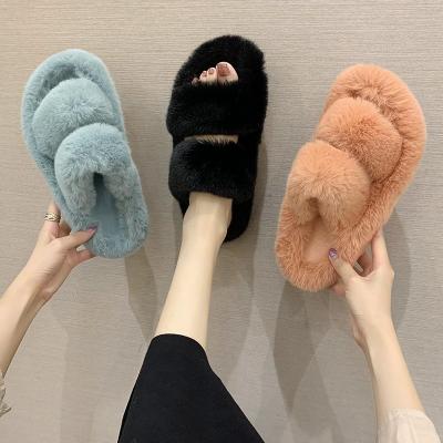 China Fashion Trend Women Vegan Faux Fur Slider Slippers Ladies Winter Open Toe Mule Fluffy House Slide Sandals for sale