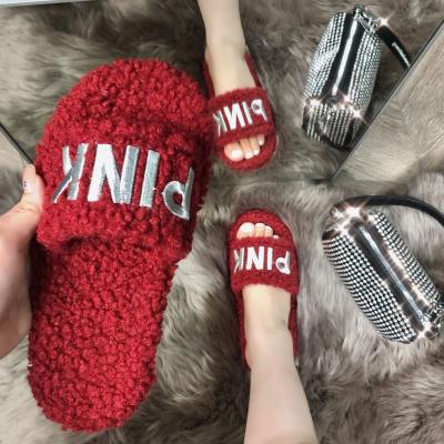 China Flat Open Toe Shoes Indoor Outdoor Slippers Home Slippers Winter Slippers Women Fashion Trend Ladies Warm Faux Fur for sale