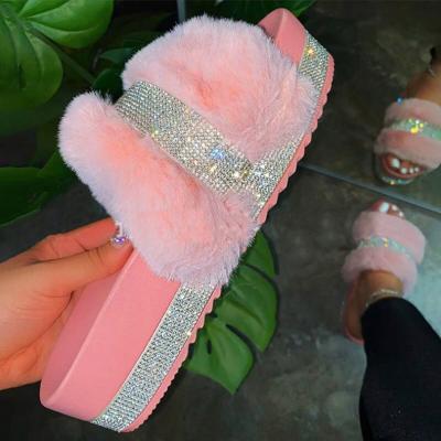 China CUSHIONING Faux Fur Women Shoes Platform Slides Unique Thick Rhinestone Plush Slippers Lady Bling Outdoor Sandals for sale