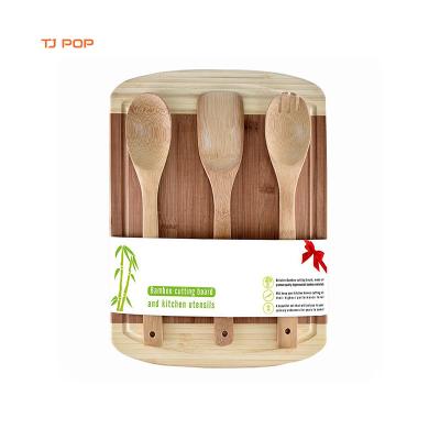 China Disposable Bamboo Cutting Board Set 3 Pieces Cooking Utensils Wooden Spoon Bamboo Salad Tongs Spatula Wooden Cutting Plates Set With Groove for sale