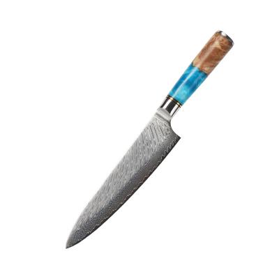 China 8 Inch Disposable Chef Knife With Blue Wooden Handle VG10 Resin Damascus Blue Wood Handle Cutting Fish Flesh Japanese Steel Kitchen Knives for sale