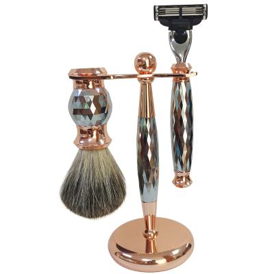 China New Arrival Diamond Grit Design Shaving Brush Shaving Brush Stand and 3 Blade Razor Metal Men Shaving Set and Woman for sale