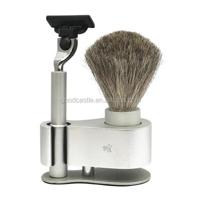 China New Design Triple Blade Shaving Set With Badger Hair Brush And Shaving Razor Alloy Holder Shaving Kits For Men for sale