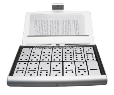 China Domino Game Set Custom Professional Travel Domino Plastic Tabletop Game Domino Set In Aluminum Case Mini Child Domino for sale