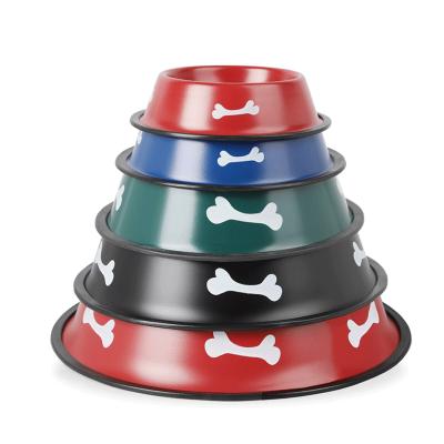 China Non-automatic Cartoon Color Double Says Stainless Steel Paint Dog Bowl Food Bowl Bone Printed Pet Lipstick Supplies for sale