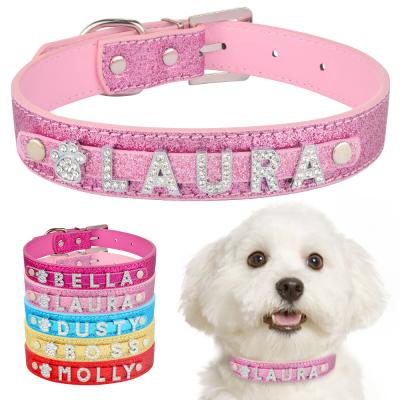 China Custom Bling Personalized Leather Dog Collar Faux Stone Charms Luxury Letter Dog Collar Leather Belt Drill for sale