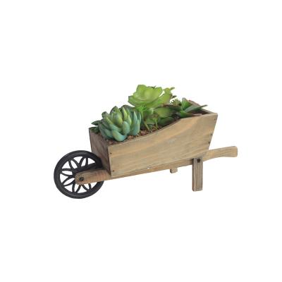 China Rustic Indoor Outdoor Wood Plant Pot Holder Decor Wooden Wheelbarrow Planter Garden with Artificial Flower for sale