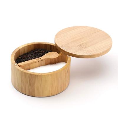 China Sustainable Natural Bamboo Salt Jar Spice Pepper Holder Box Built in Spoon Swivel Lid with Magnet Net Dust Protected Design for sale