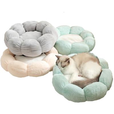 China New Fluffy Plush Faux Fur Heating Flower Around Pet Bed For Dog And Cat Nest Comfortable Warm Deep Sleep for sale