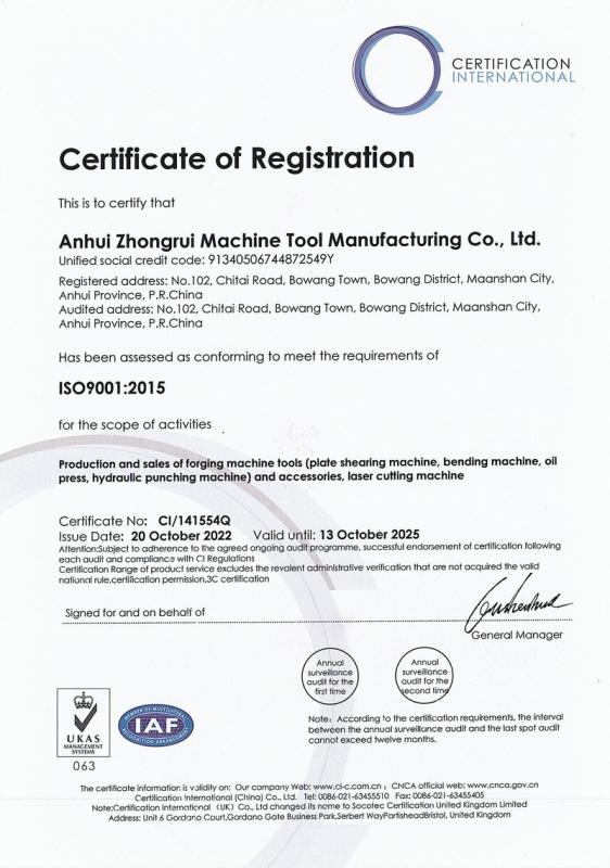 ISO9001:2015 - Anhui Zhongrui Machine Manufacturing Co., Ltd.