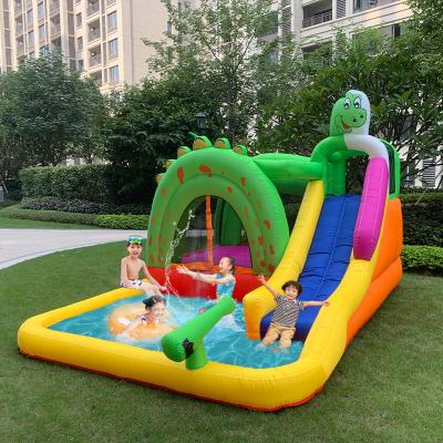 China Lightweight ; Easy Setup Jumping Castle and Inflation Green Dinosaur Theme Kids Playground Inflatable Water Slide Bounce House Instant Combo Bouncy Bouncer for sale