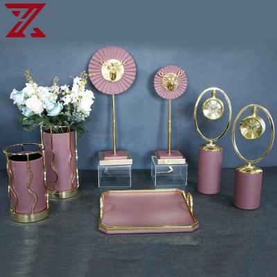 China Wholesale Minimalist Nordic Leather Vase Storage Jewelry PU Clock Metal Desk Ornaments Tray For Home Decor for sale