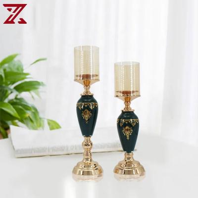 China Home Wholesale Custom Metal Candlestick Factory Decoration Hurricane Green Warm Light Glass Candle Holder Stand For Living Room Hotel for sale