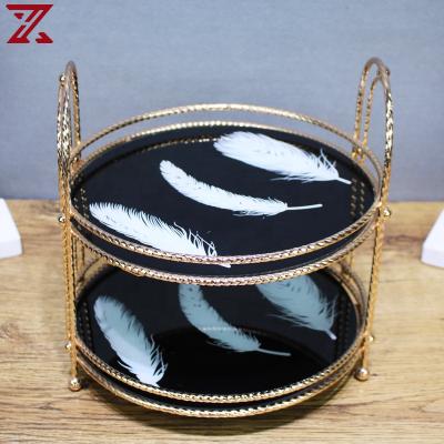 China Home Decration Wholesale 2 Layers Feather Round Gold Metal Cake Drawing Stand With Handle For Wedding Decor for sale