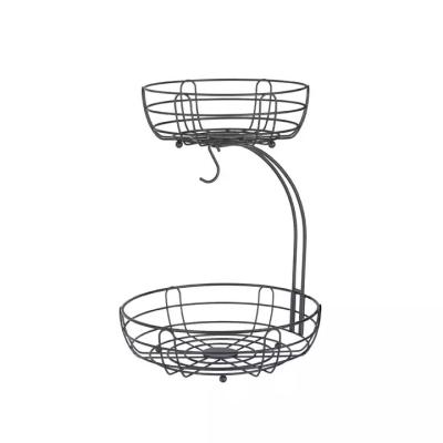 China 2 Tier Stocked Fruit Basket With Detachable Black Banana Hook Metal Wire Amazon Hot Selling for sale