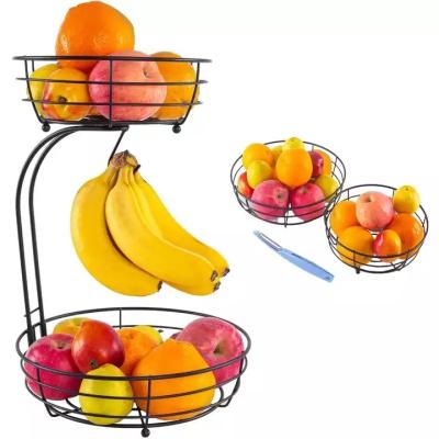 China 2 Tier Stored Fruit Bowl with Banana Hanger Worktop Metal Fruit Bowl Storage Kitchen Shelf Stores Fresh Fruits and Vegetables for sale