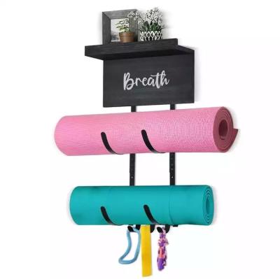 China Gym Stocked Mat Equipment Accessories Organizer Yoga Mat Storage Rack with Floating Shelf and 3 Hooks for sale