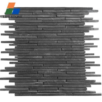 China Parquet Garden Decoration Gray Natural Mosaic Slate Mosaic Stone Wall for sale