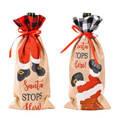 China Novelty Table Decoration Santa The New Stop Here Christmas Wine Bottle Cover Bags For Christmas Dinner Ornament for sale