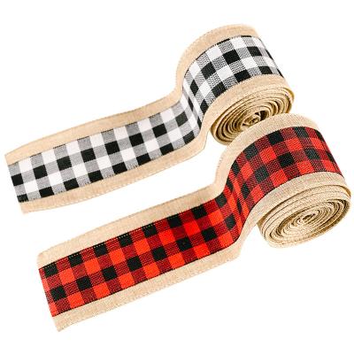 China New Buffalo Home Plaid Cable Edge Christmas Craft Ribbon with Burlap Fabric Edge for sale