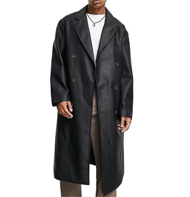 China Anti-Shrink Popular High Design Black Men Long Faux Leather Overcoat for sale