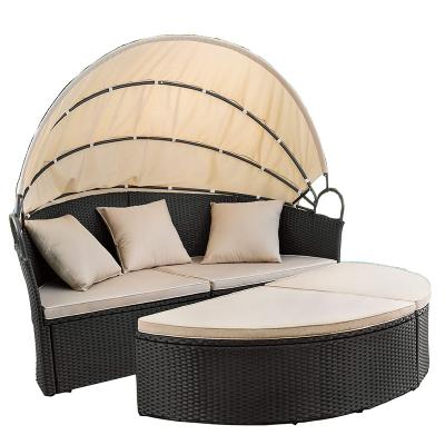 China Modern all weather outdoor wicker rattan patio cabana daybed garden furniture round sofa set with canopy for sale