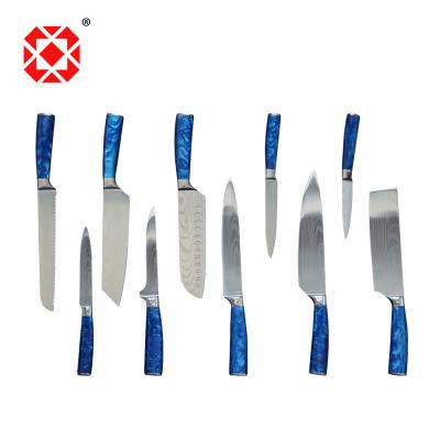 China Viable Best Selling Blue Resin Handle Damascus Laser Pattern Kitchen Knife Set for sale