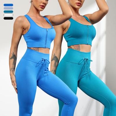 China Breathable Athletic Wear Two Piece Sports Sets Seamless Stretch Rib Fitness Wear Set For Women Zipper Yoga Set for sale