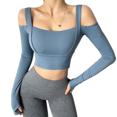 China New Autumn And Winter Beauty Back Long Sleeve T-shirt Breast Pad Finger Sleeve Breathable Yoga Top Sports Tight Top Women Fitness Sui for sale