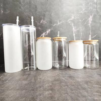 China High Borosilicate New Arrival 16oz 12oz Sublimation Beer Can Glass Shaped Soda With Bamboo Lid And Clear Plastic Straw for sale