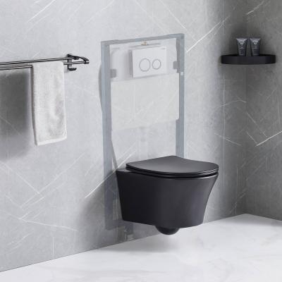 China Double-flush ANBI New Hide Tank Matt Black Wall Hung Rimless Full Pipe Bathroom Glaze Toilet for sale