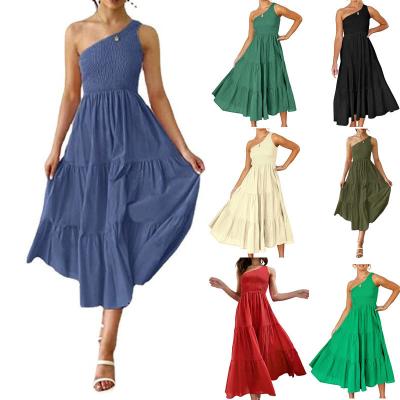 China Women's One-Shoulder Skirt Casual Midi Summer Viable Full In Boho Beach Sleeveless Party Solid Color Smocked A-Line Bohemian Dress for sale