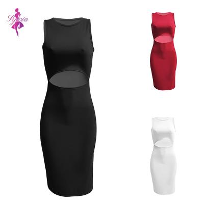 China Viable Women's Sleeveless Cutout Round Neck Crew Neck Side Split Knee Length Bodycon Solid Sleeveless Midlength Dress for sale